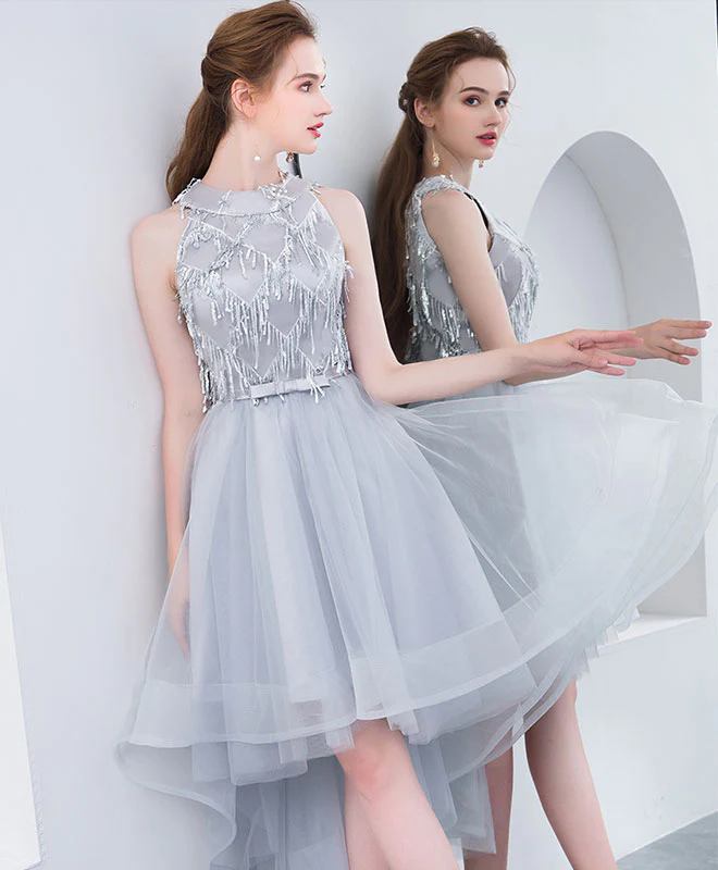 Cute High Neck Gray Tulle Short Prom Dress, Tulle Homecoming Dress - Deanwangkt