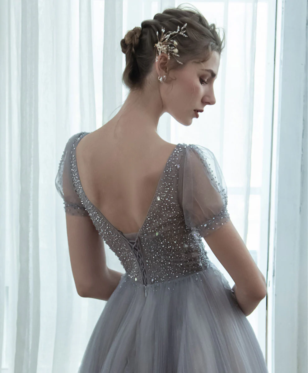 Gray V Neck Tulle Sequin Long Prom Dress, Gray Formal Graduation Dress with Beading - Deanwangkt