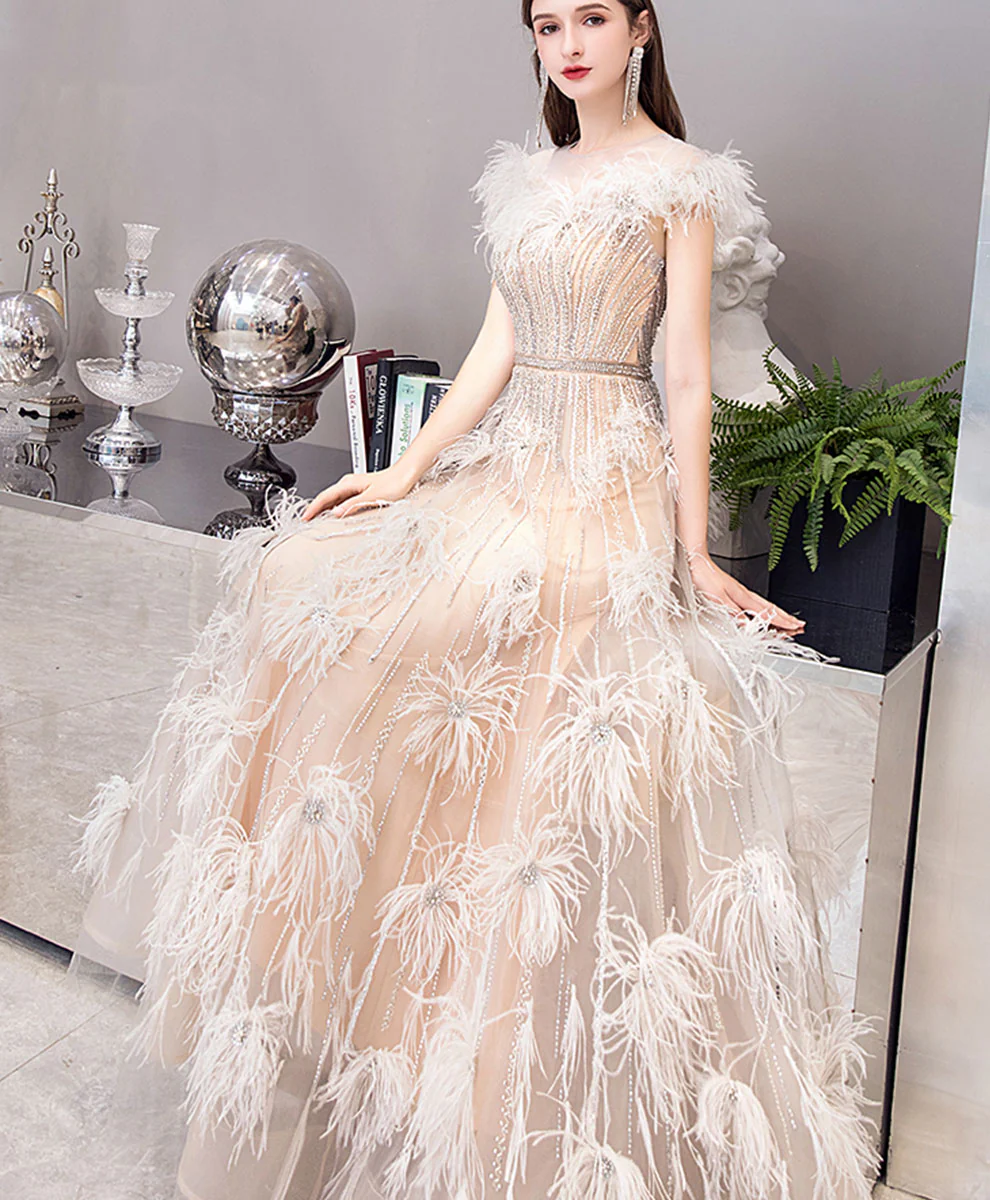 Champagne Tulle Beads Long Prom Dress, Champagne Formal Evening Dress - Deanwangkt