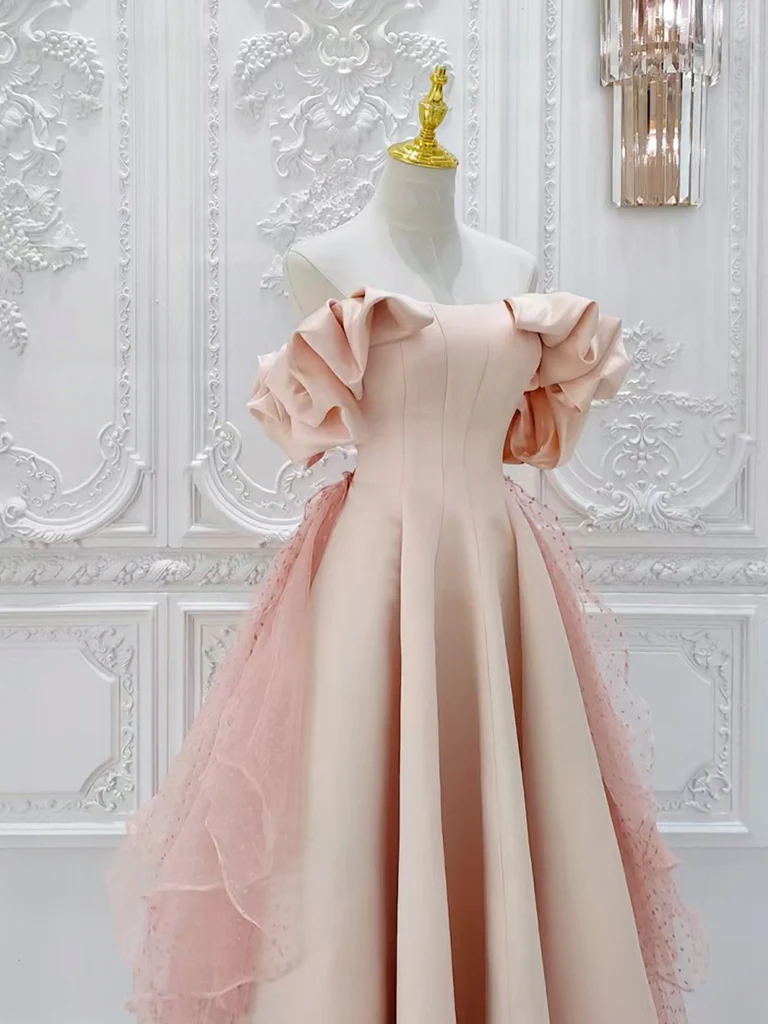 A-Line Off Shoulder Statin Tulle Pink Long Prom Dress, Pink Long Formal Dress - Deanwangkt