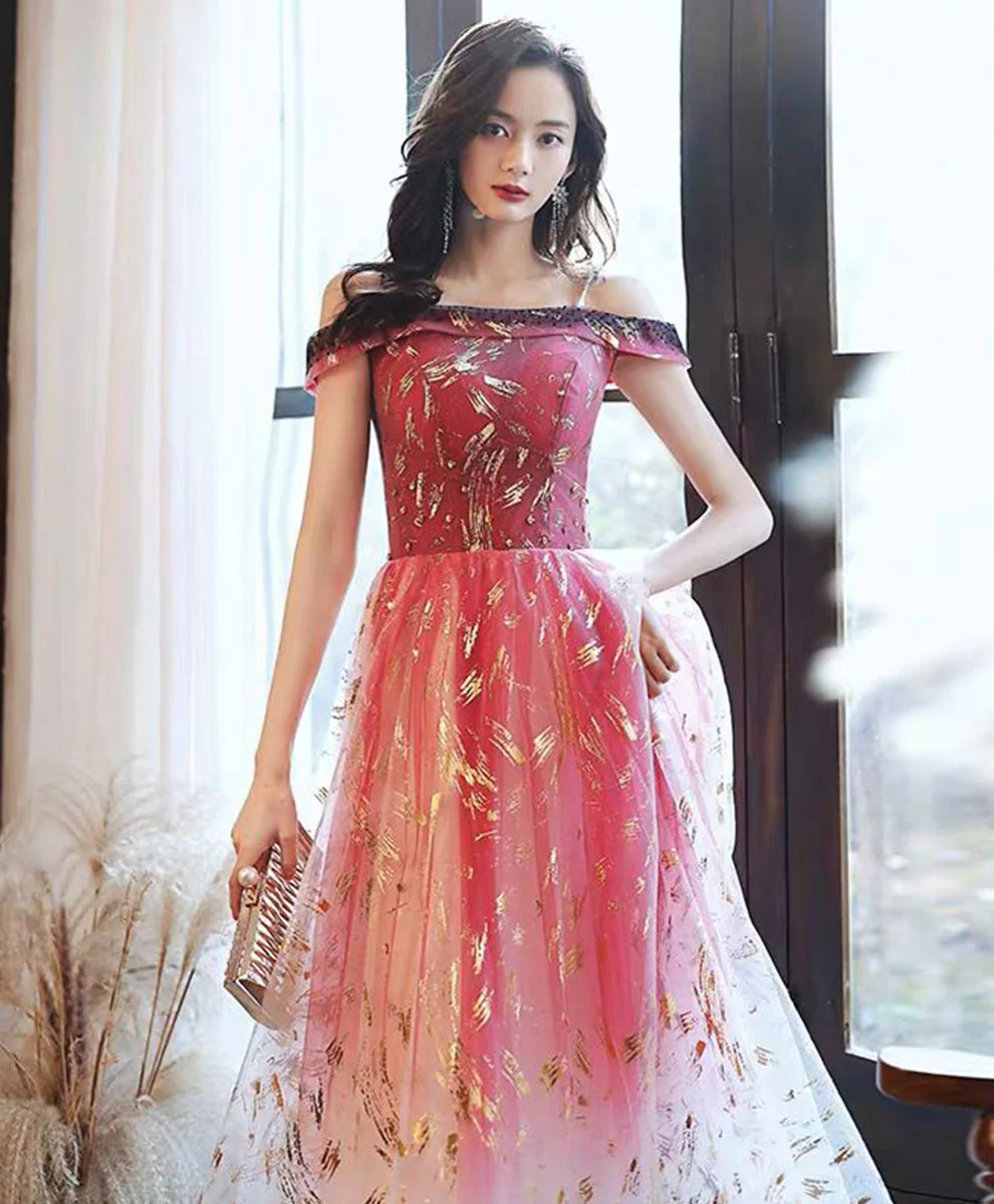 Burgundy Tulle Off Shoulder Lace Long Prom Dress Tulle Formal Dress - Deanwangkt