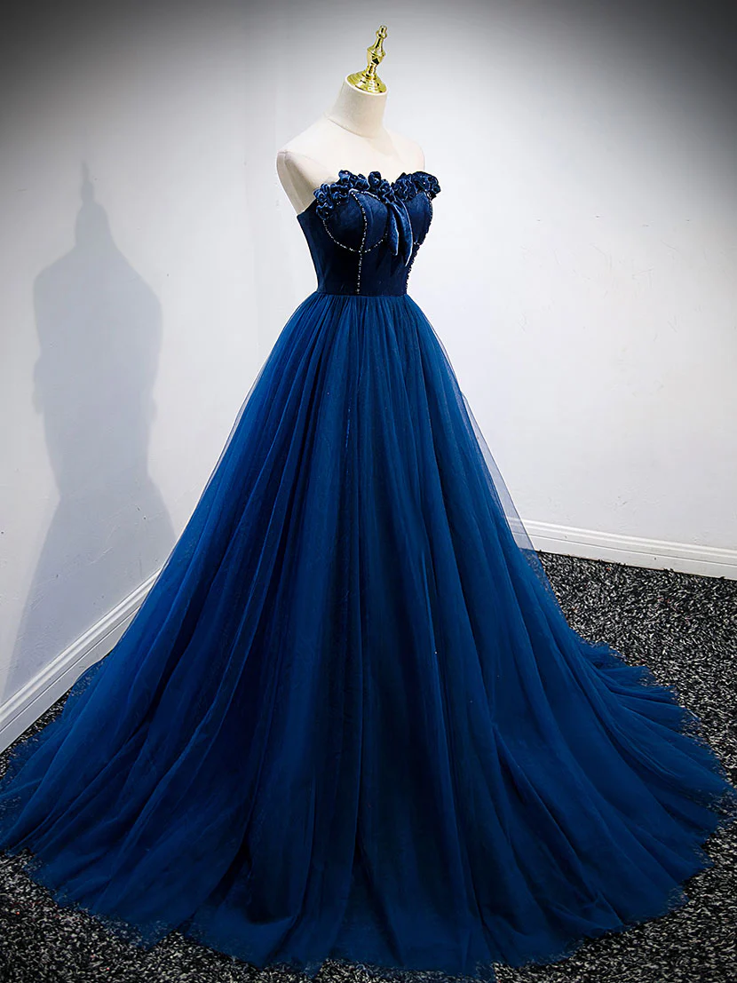 Simple A Line Blue Tulle Long Prom Dress, Blue Tulle Formal Dress - Deanwangkt