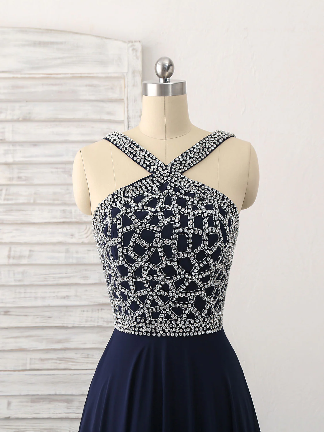 Dark Blue Chiffon Beads Long Prom Dress, Blue Evening Dress - Deanwangkt