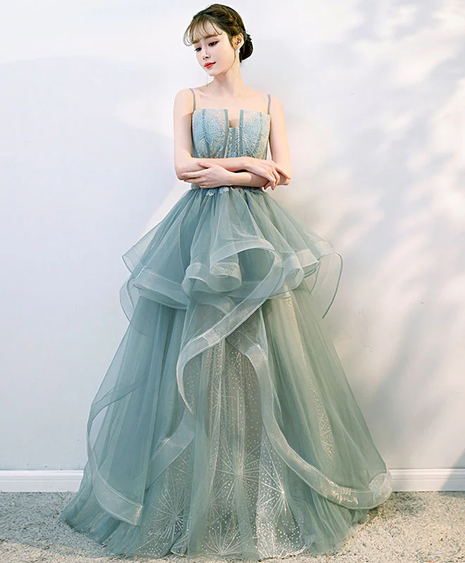 Green Tulle Lace Long Prom Gown, Tulle Formal Dress - Deanwangkt