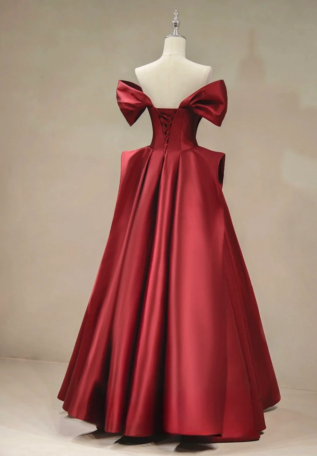 A-Line Off Shoulder Satin Burgundy Long Prom Dress, Burgundy Long Formal Dress - Deanwangkt