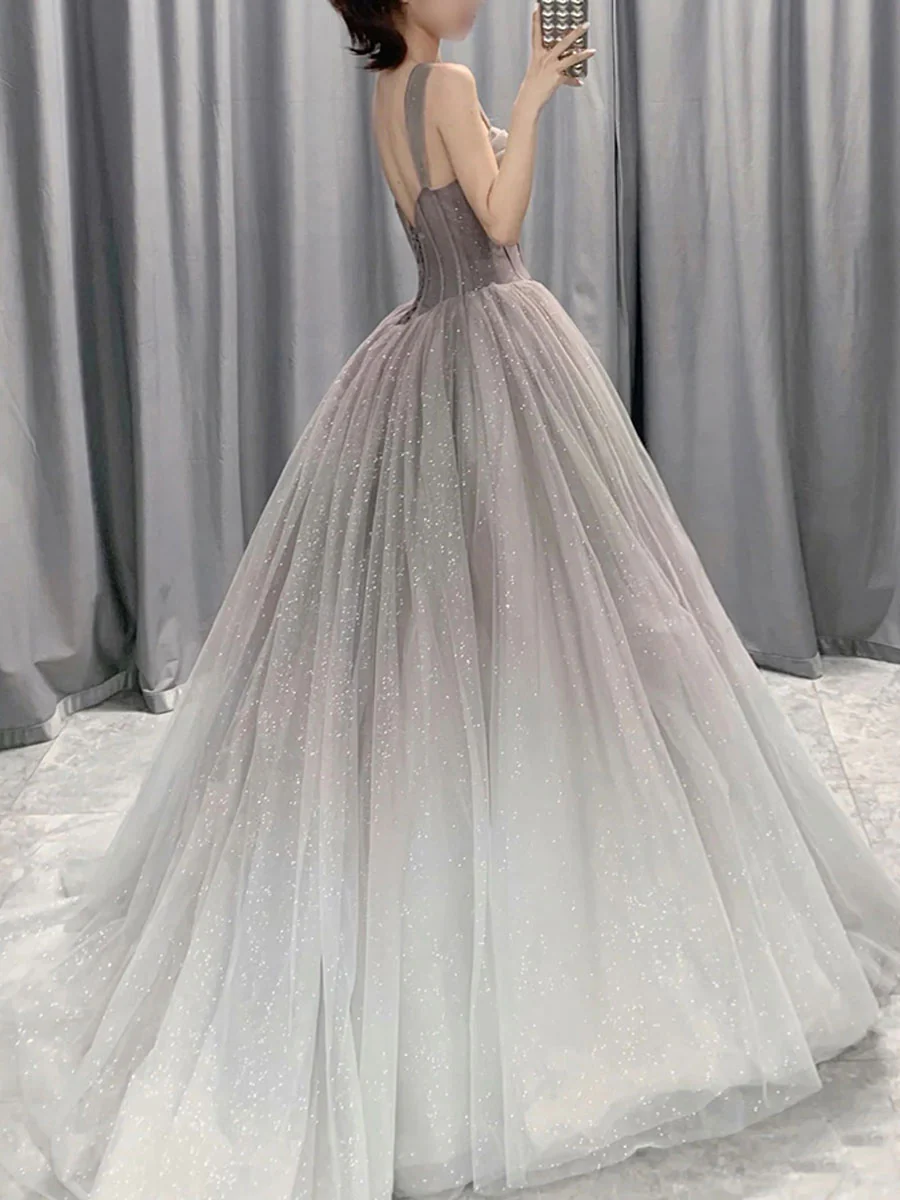 Gray Sweetheart Neck  Tulle Long Prom Dress, Gray Formal Graduation Dresses - Deanwangkt