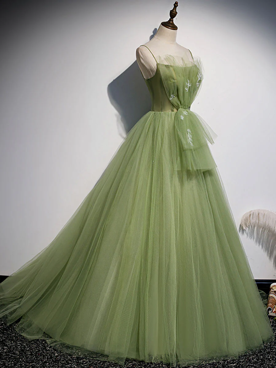 Aline Tulle Green Long Prom Dresses, Green Formal Graduation Dress with Beading - Deanwangkt