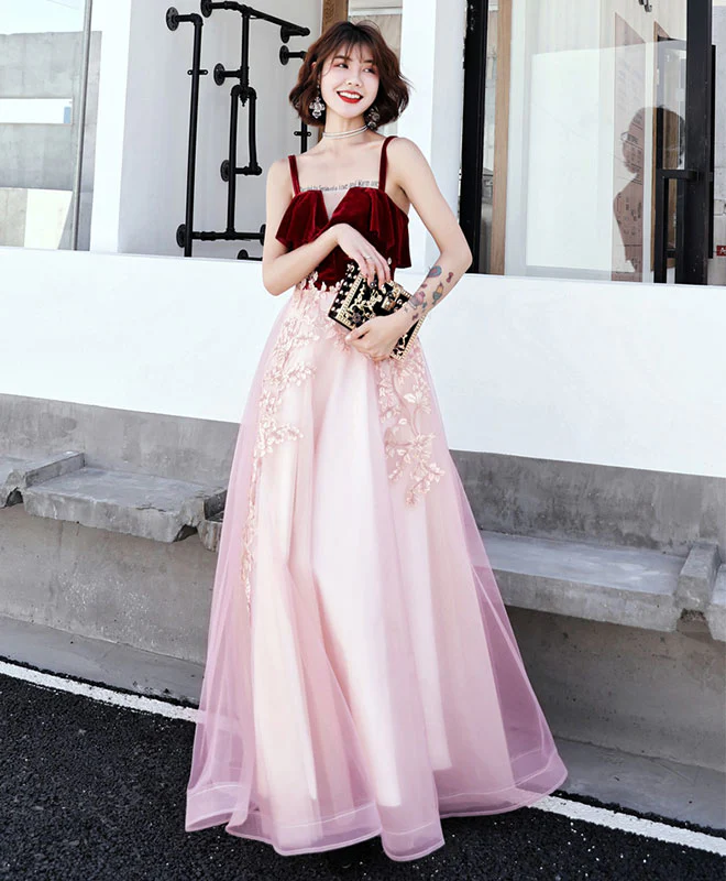 Pink Sweetheart Tulle Lace Long Prom Dress, Pink Evening Dress - Deanwangkt