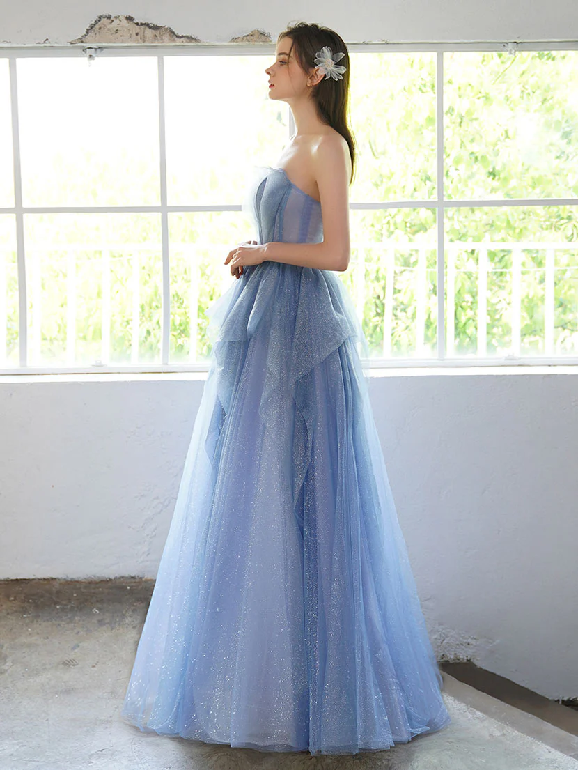 A-line Tulle Sequin Long Prom Dress, Tulle Sequin Long Evening Dress - Deanwangkt