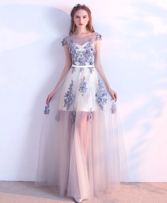 Gray Tulle Lace Long Prom Dress, Evening Dress - Deanwangkt