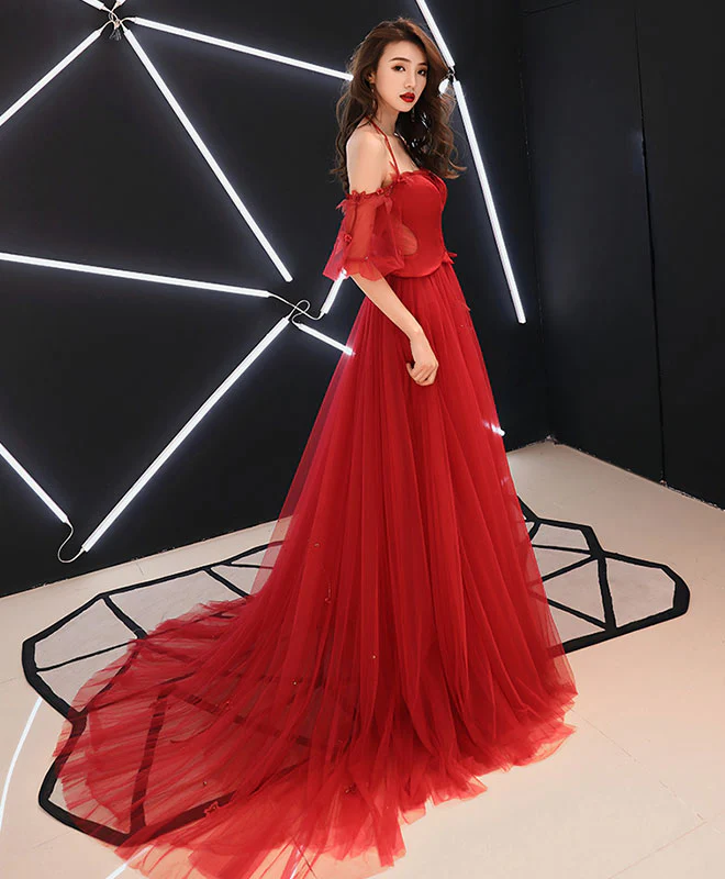 Unique Red Tulle Lace Long Prom Dress Tulle Red Evening Dress - Deanwangkt