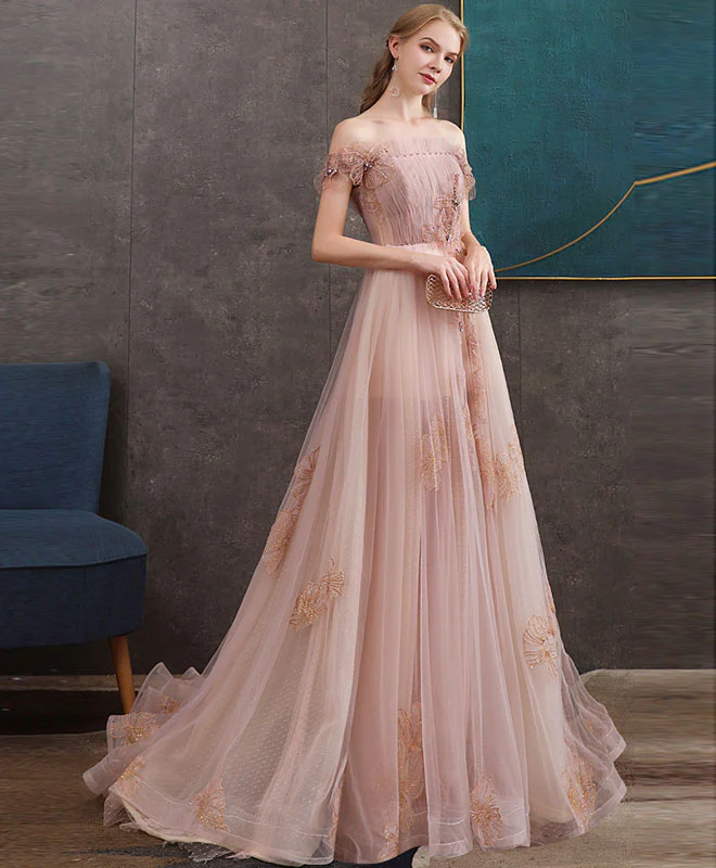 Pink Tulle Lace Long Prom Dress Pink Lace Evening Dress - Deanwangkt