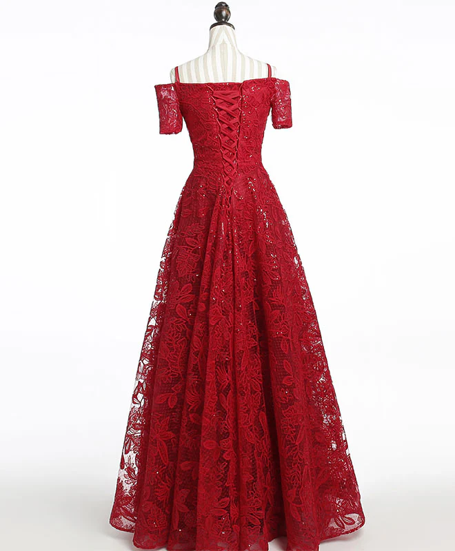 Unique Burgundy Lace Long Prom Dress, Burgundy Evening Dress - Deanwangkt