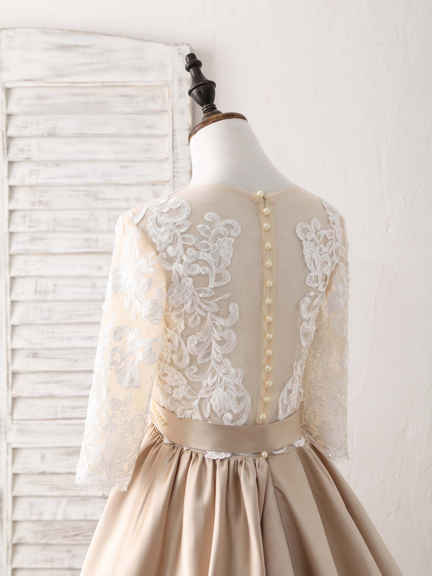 Champagne Round Neck Satin Lace Long Prom Dress, Evening Dress - Deanwangkt