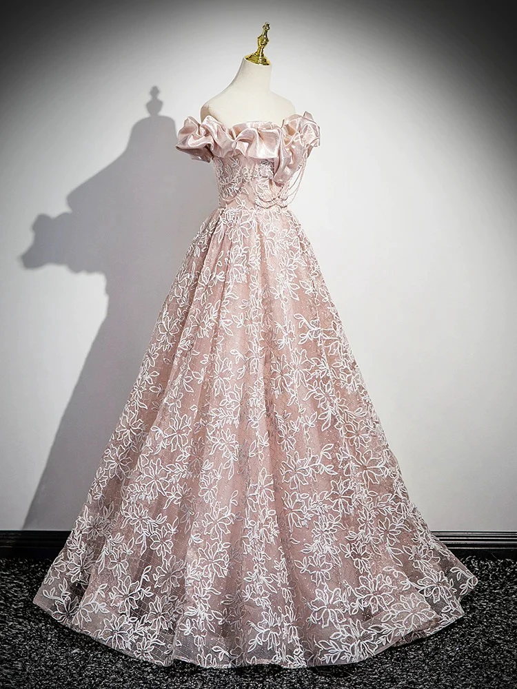 A-Line Off Shoulder Tulle Lace Pink Long Prom Dress, Pink Long Formal Dress - Deanwangkt