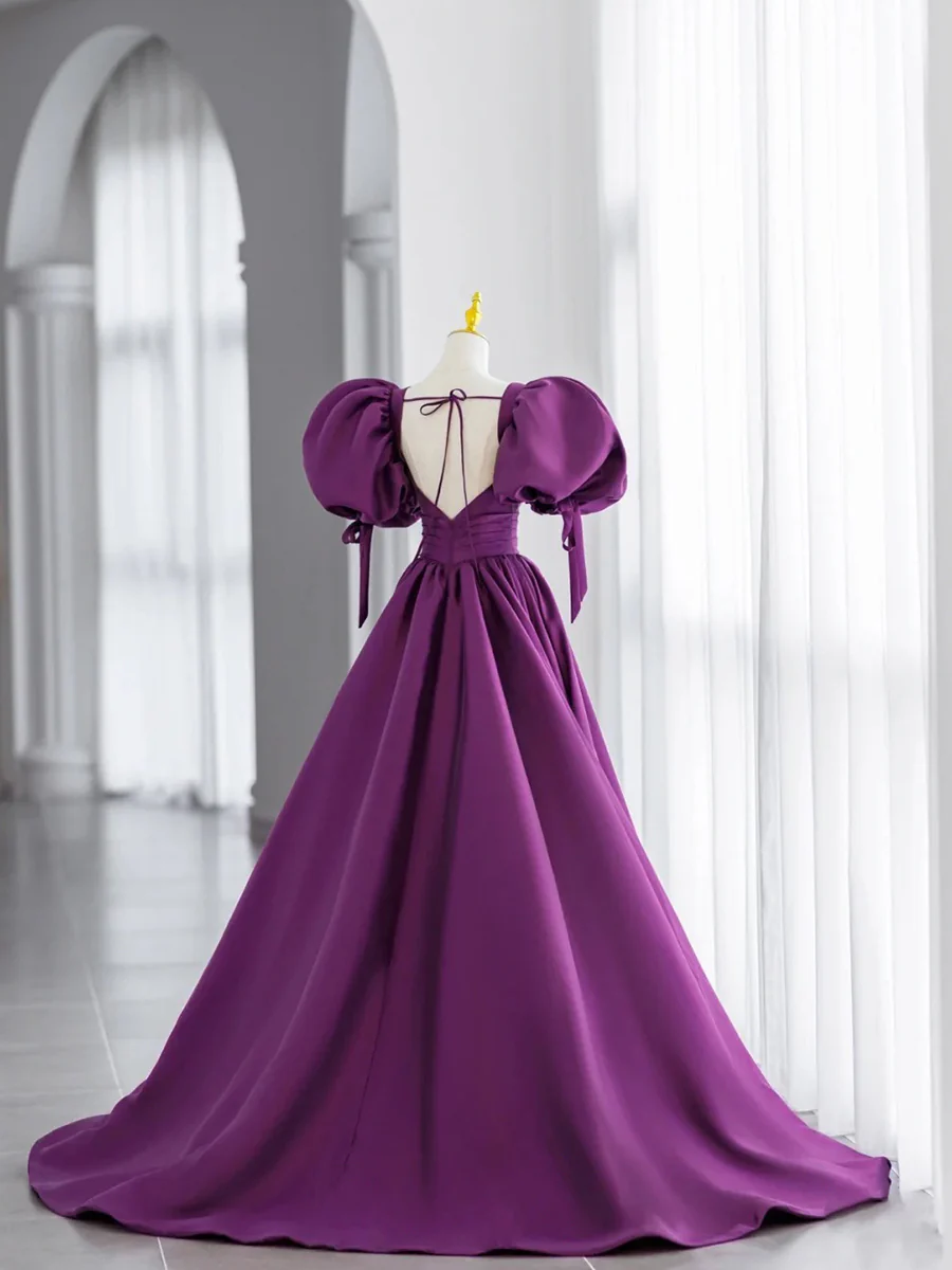 Simple V Neck Puffy Sleeves Satin Long Prom Dress, Satin Evening Dress - Deanwangkt