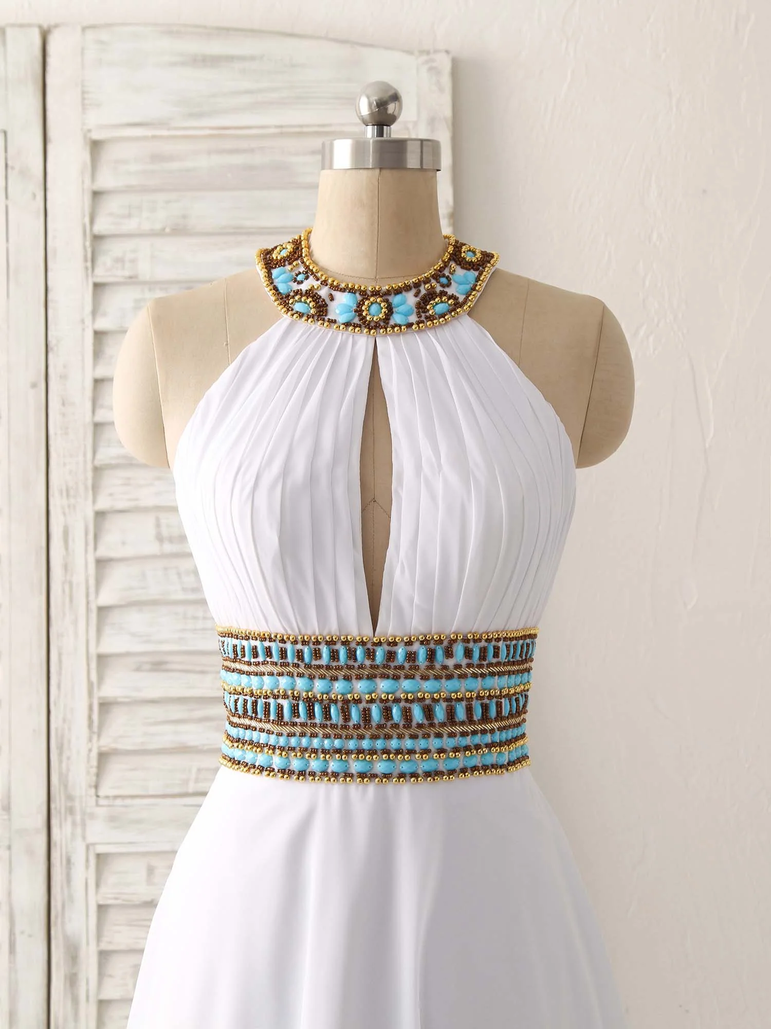 White Chiffon Beads Long Prom Dress, White Evening Dress - Deanwangkt
