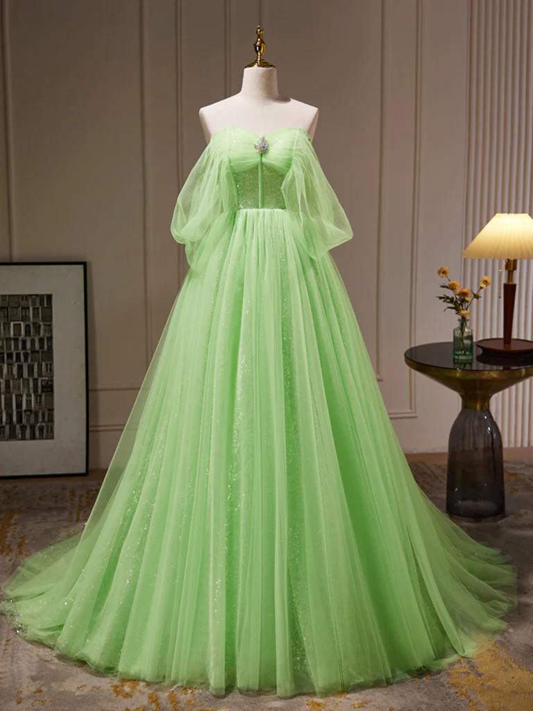 A-Line Sweetheart Neck Tulle Green Long Prom Dress, Green Tulle Long Evening Dress - Deanwangkt