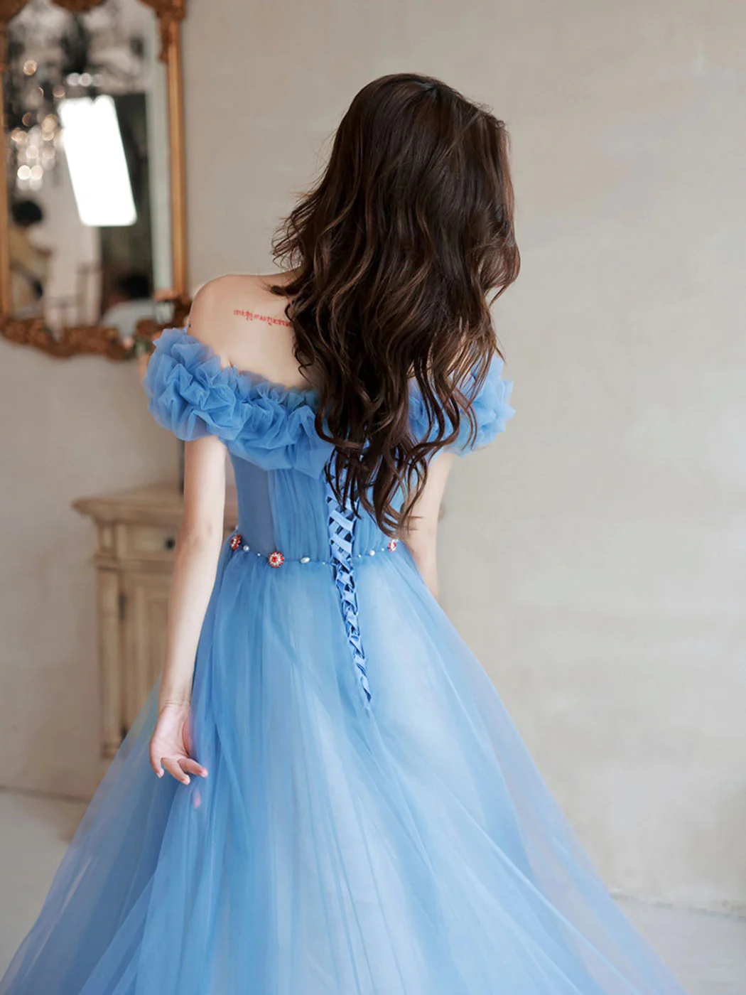 A-Line Off Shoulder Tulle Blue Long Prom Dress, Blue Formal Dresses - Deanwangkt