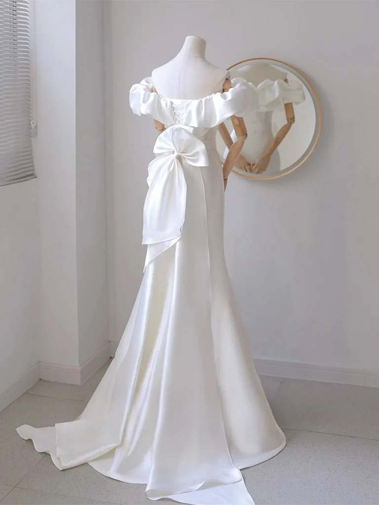 A-Line Off Shoulder Satin White Long Prom Dress, White Long Party Dress - Deanwangkt
