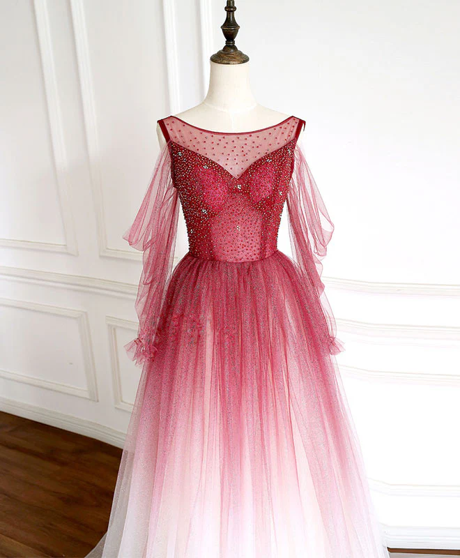 Burgundy Round Neck Tulle Long Prom Dress Burgundy Evening Dress - Deanwangkt