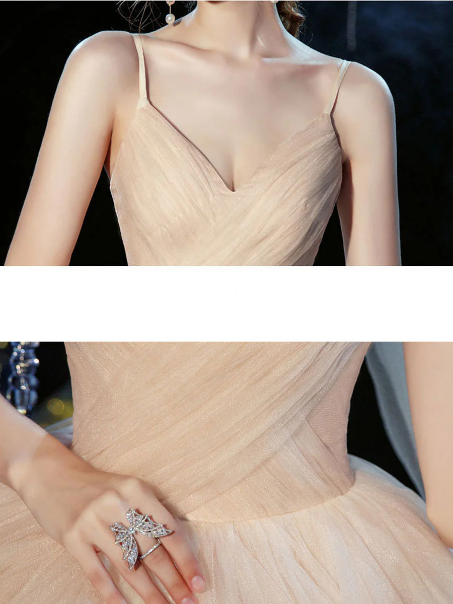 Champagne v neck tulle long wedding gown champagne wedding dress - Deanwangkt