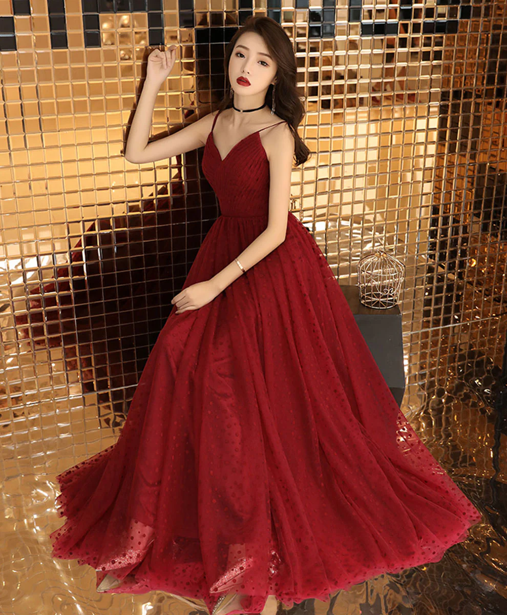 Burgundy Sweetheart Tulle Long Prom Dress Burgundy Formal Dress - Deanwangkt