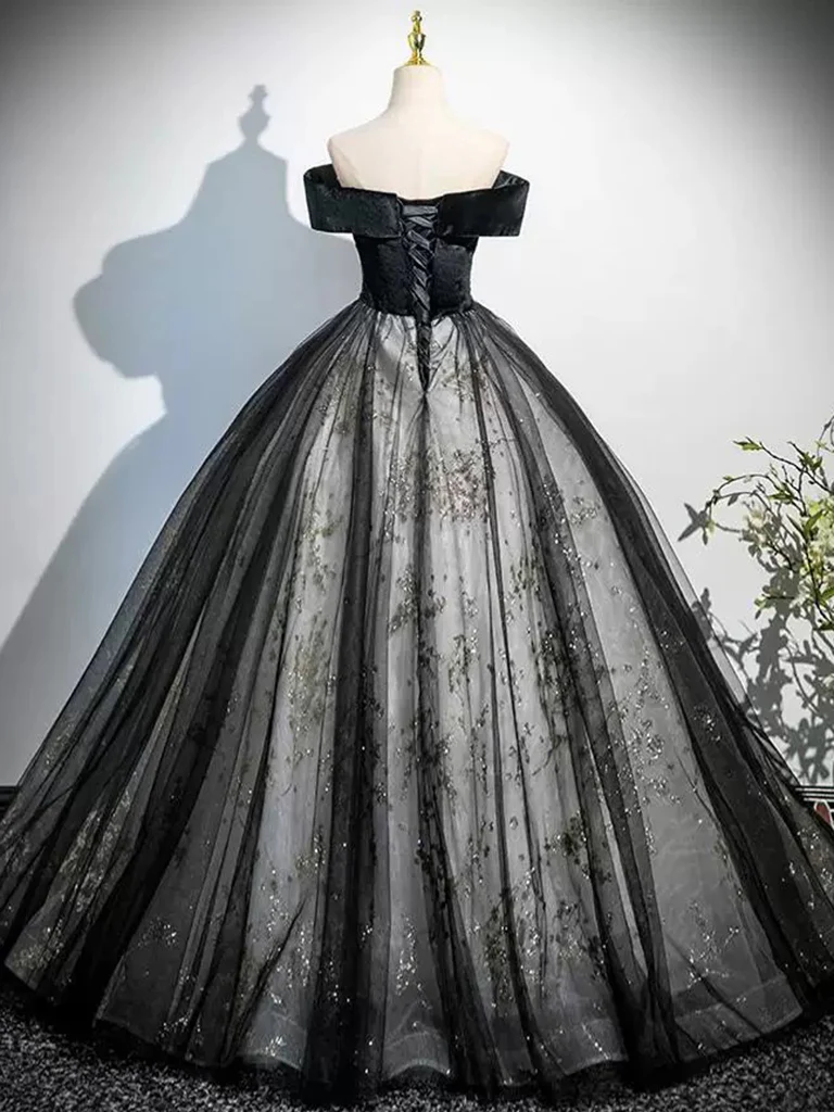 A-Line Off Shoulder Tulle Lace Black Long Prom Dress, Black Long Evening Dress - Deanwangkt