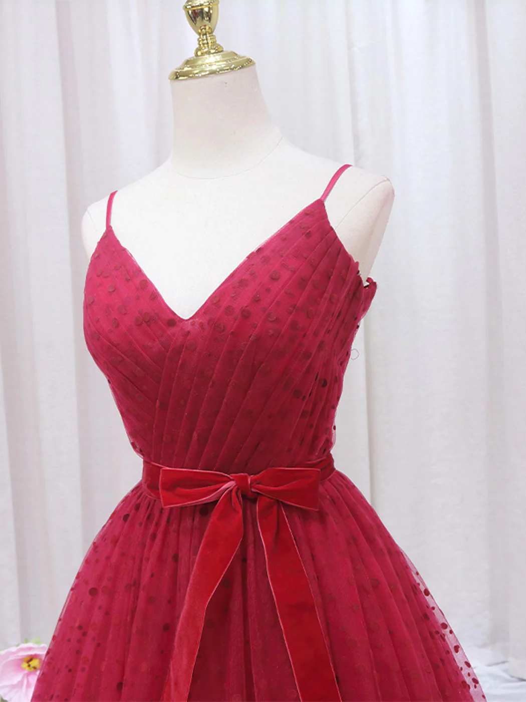 A-Line V Neck Tulle Burgundy Long Prom Dress, Burgundy Formal Dresses - Deanwangkt