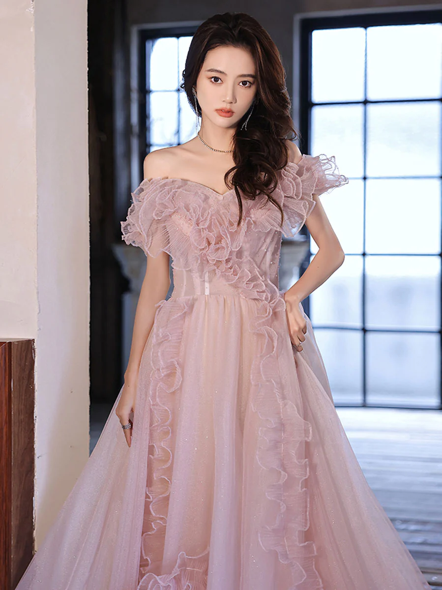 Pink Tulle Off Shoulder Long Prom Dress, Pink Formal Graduation Dresses - Deanwangkt