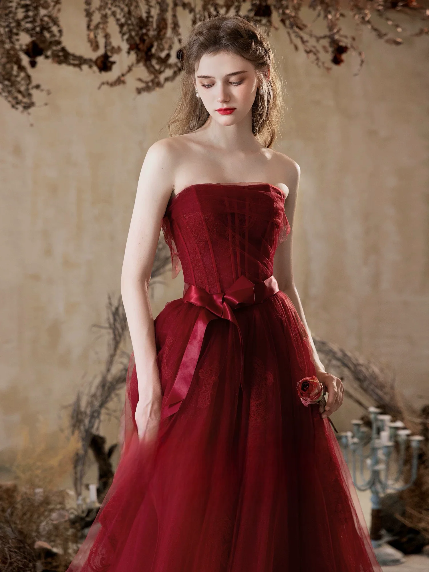 A-Line Tulle Lace Burgundy Long Prom Dress, Burgundy Long Graduation Dress - Deanwangkt