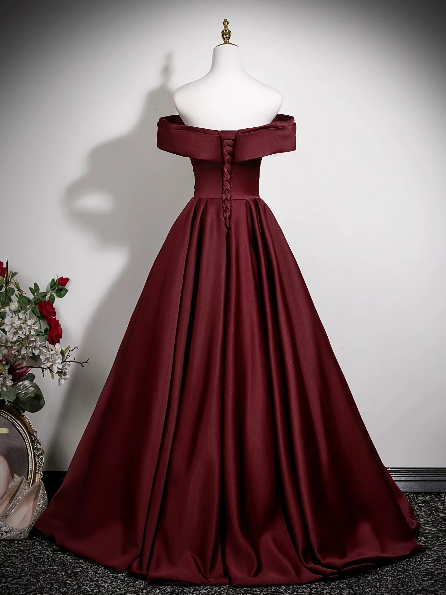 A-Line Off Shoulder Satin Burgundy Long Prom Dress, Burgundy Long Formal Dress - Deanwangkt