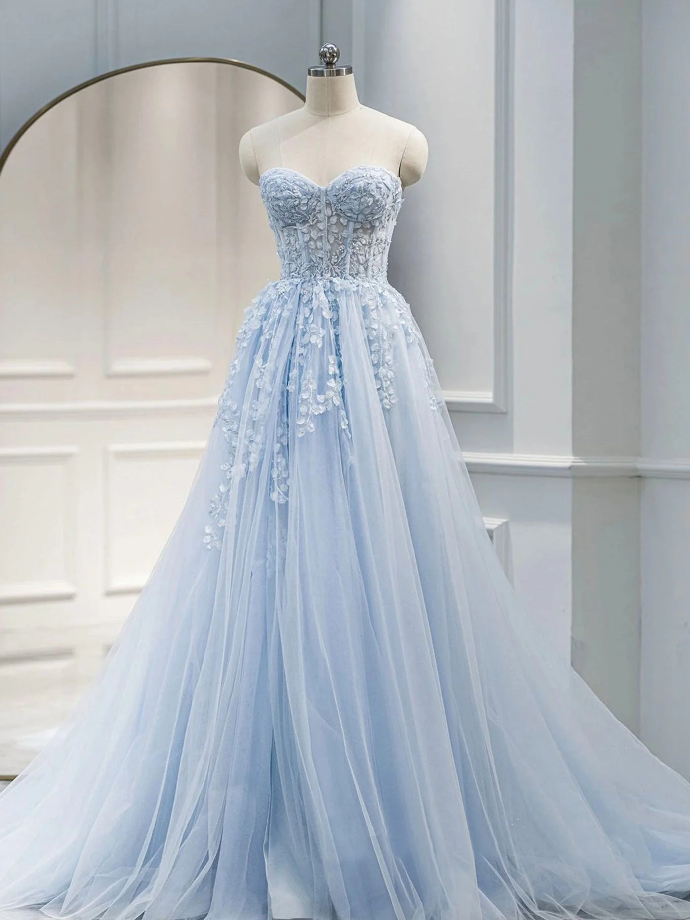Blue Sweetheart Neck Tulle Long Prom Gown, Blue Long Formal Graduation Dress - Deanwangkt