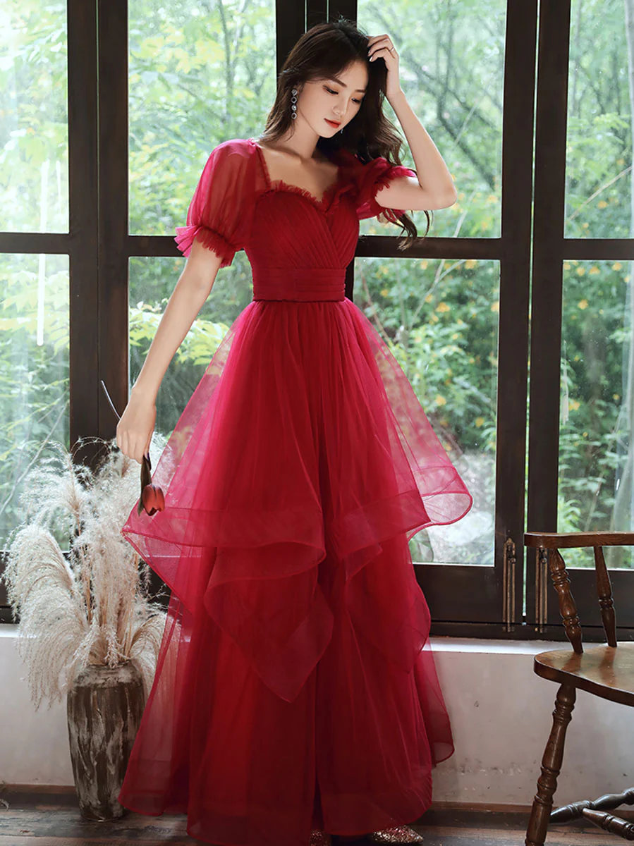 Simple A line Tulle Long Prom Dress Burgundy Tulle Formal Dress - Deanwangkt