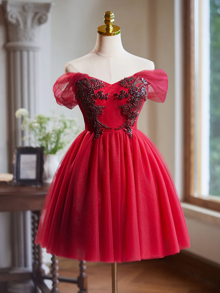 A-Line Off Shoulder V Neck Tulle Burgundy Short Prom Dress with Beads - Deanwangkt
