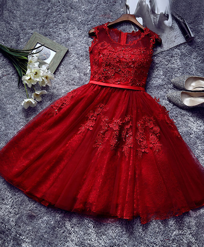 Burgundy Lace Tulle Short Prom Dress, Lace Homecoming Dresses - Deanwangkt