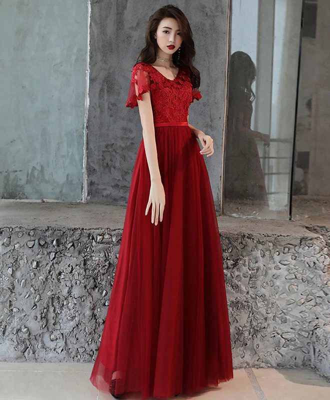 Simple Tulle Lace Long Prom Dress, Burgundy Bridesmaid Dress - Deanwangkt