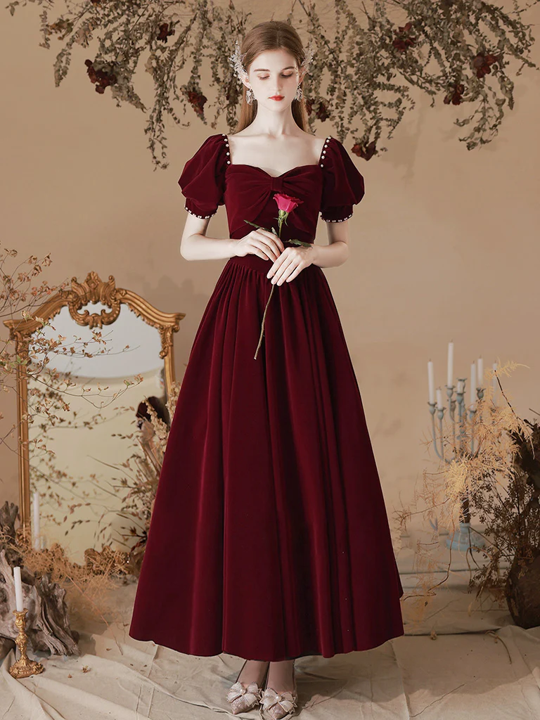 A-Line Velvet Tea Length Burgundy Prom Dress, Burgundy Formal Dress - Deanwangkt