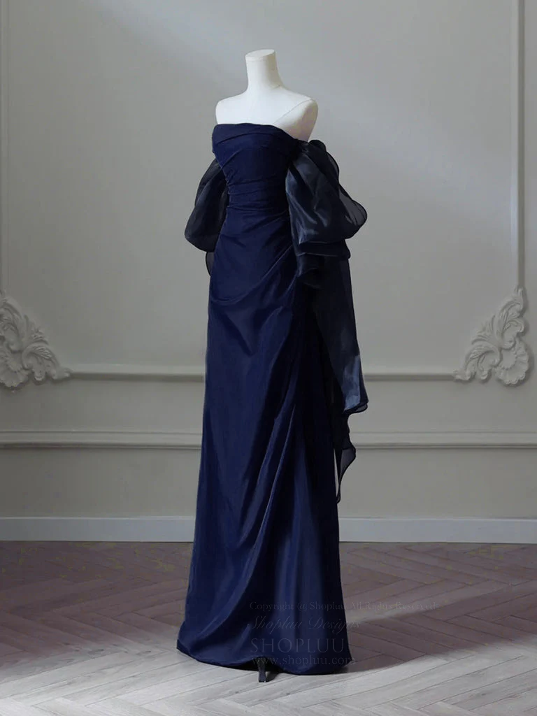 A-Line Satin Dark Blue Long Prom Dress, Dark Blue Long Evening Dress - Deanwangkt