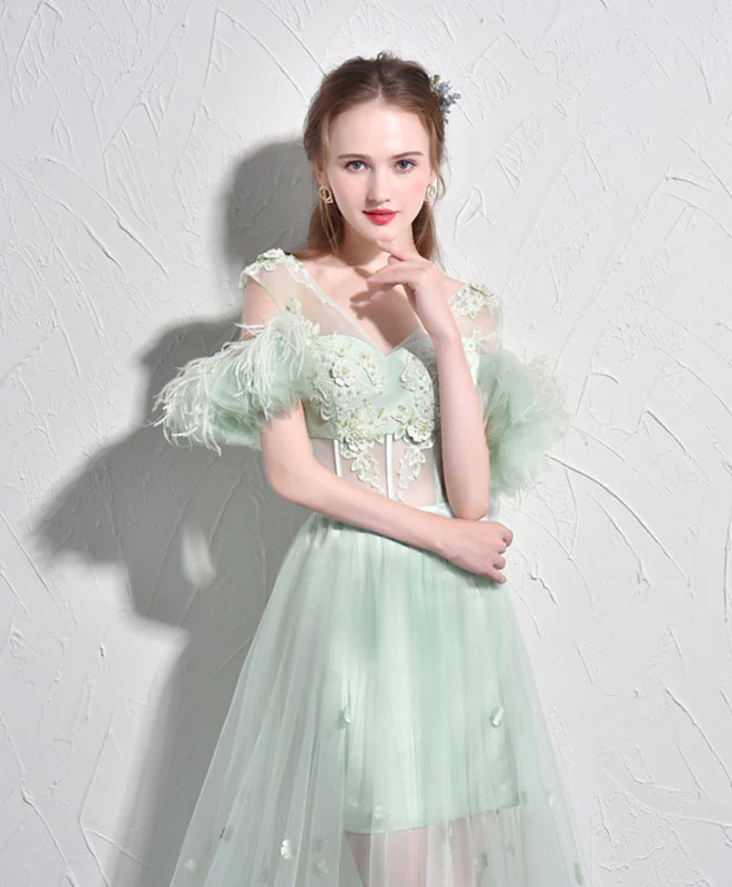 Unique Green Tulle V Neck Long Prom Dress, Green Evening Dress - Deanwangkt