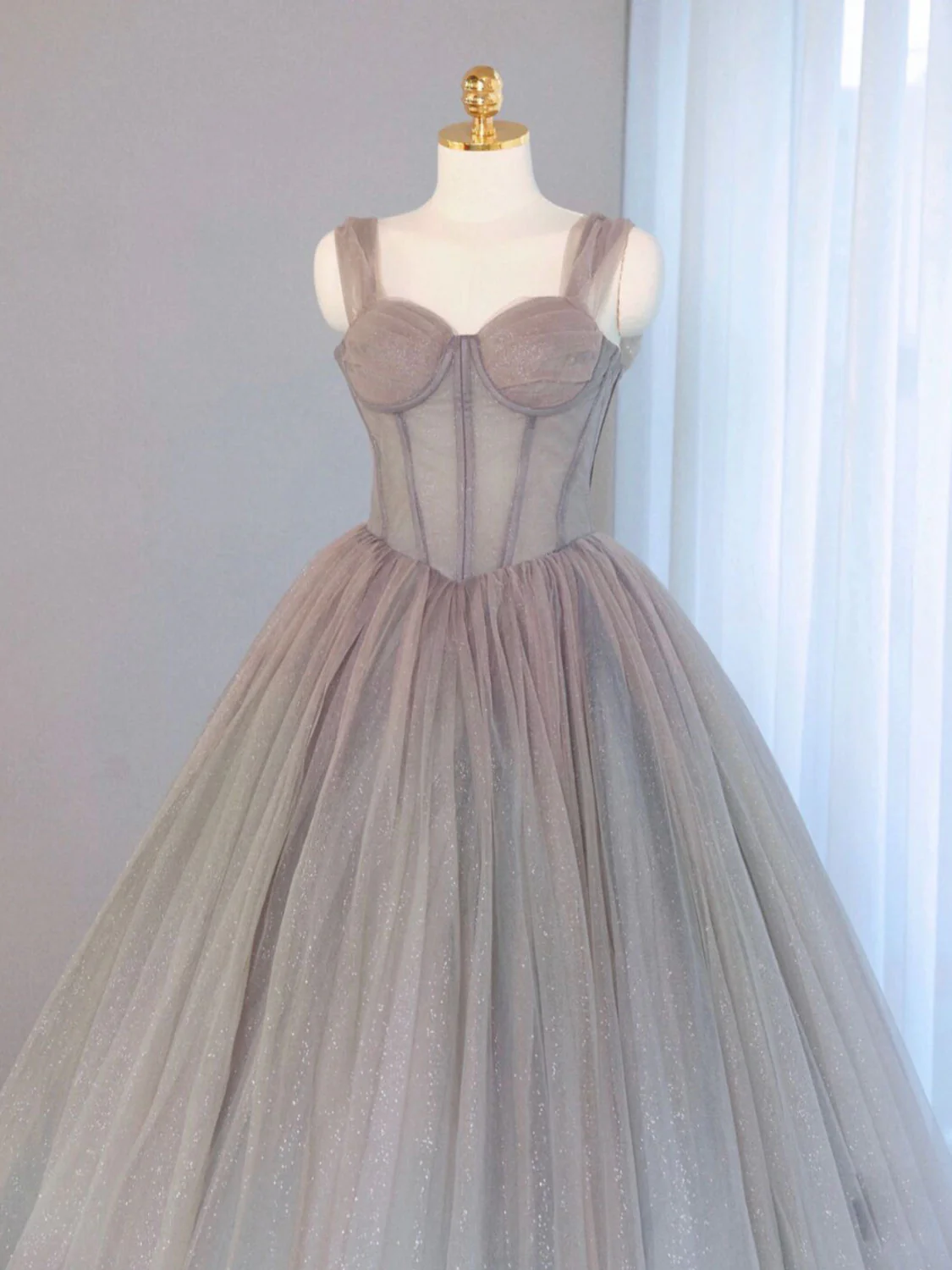 A-Line Gray Sweetheart Neck Long Prom Dresses, Gray Formal Evening Dress - Deanwangkt