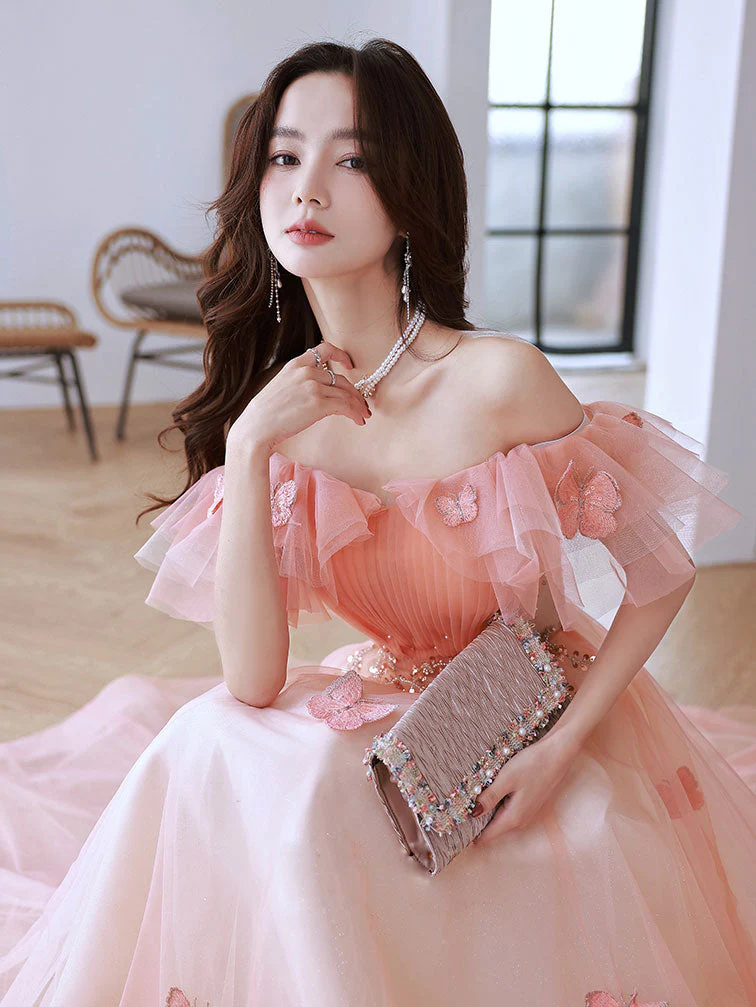 A-Line Off Shoulder Pink Long Prom Dresses, Pink Tulle Formal Evening Dress - Deanwangkt