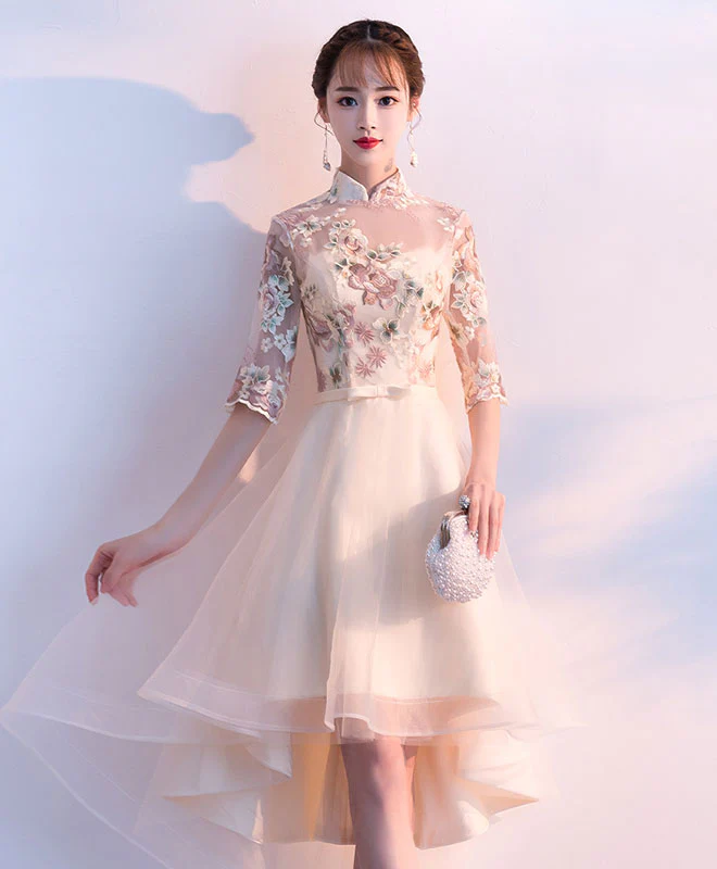 Champagne Tulle Lace Applique Short Prom Dress, Homecoming Dress - Deanwangkt