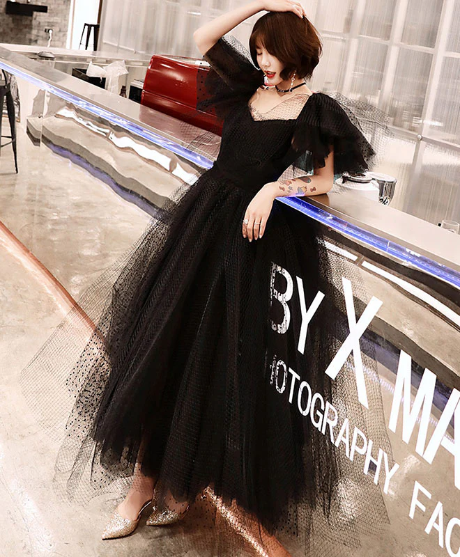 Black Tulle Tea Length Prom Dress, Black Evening Dress - Deanwangkt