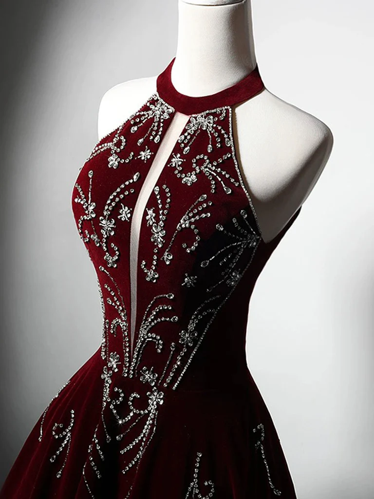 A-Line Velvet Sequin Beads Burgundy Long Prom Dress, Burgundy Long Formal Dress - Deanwangkt