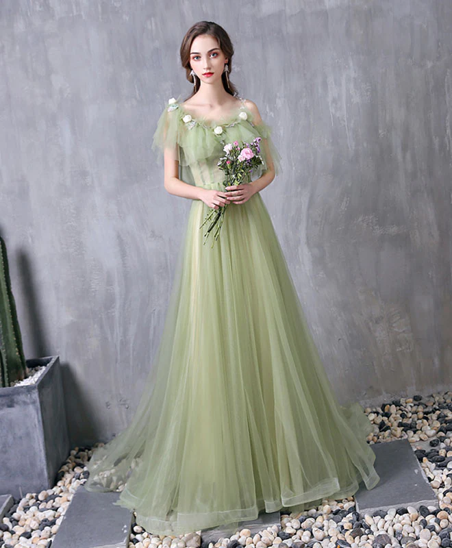 Green Tulle Lace Long Prom Dress Green Evening Dress - Deanwangkt