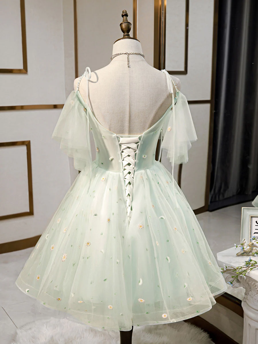 Simple Sweetheart Neck Tulle Short Prom Dresses, Puffy Green Homecoming Dresses - Deanwangkt