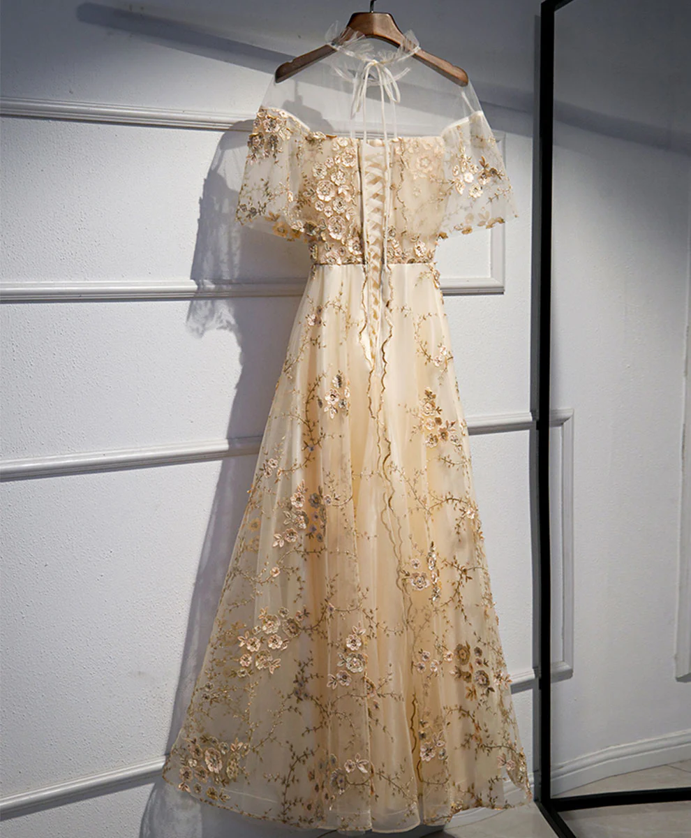 Aline Champagne Tulle Lace Long Prom Dress, Champagne Formal Dress - Deanwangkt