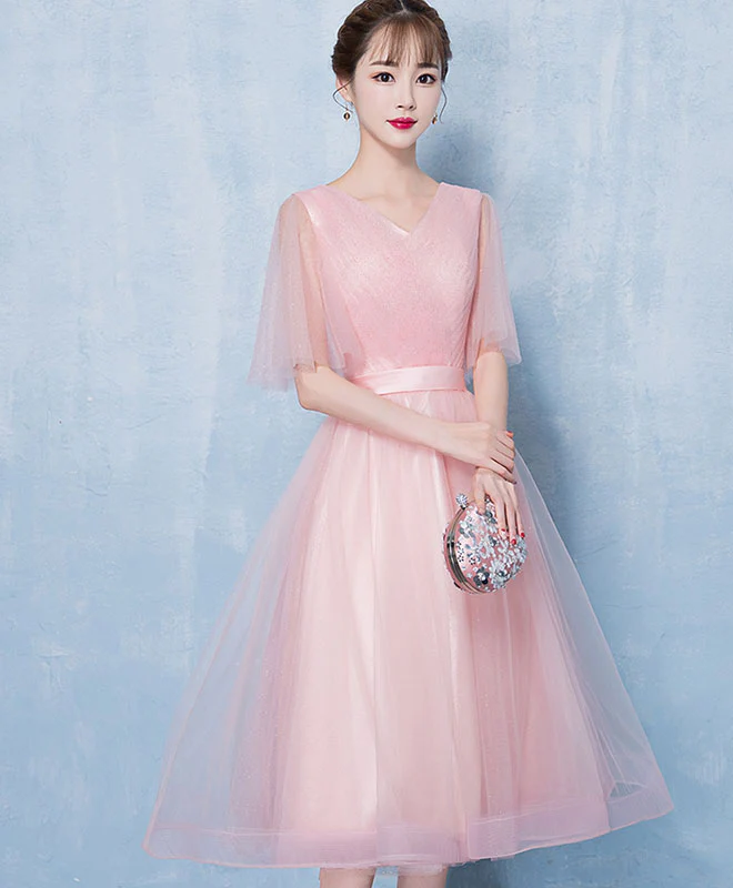 Simple V Neck Tulle Short Prom Dress, Pink Tulle Homecoming Dress - Deanwangkt