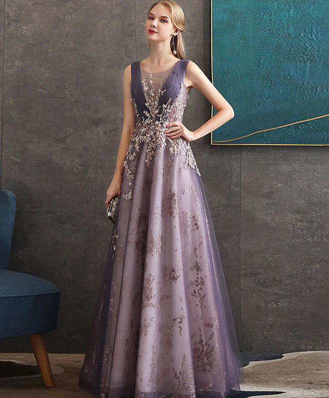 Purple Round Neck Tulle Lace Long Prom Dress Purple Evening Dress - Deanwangkt